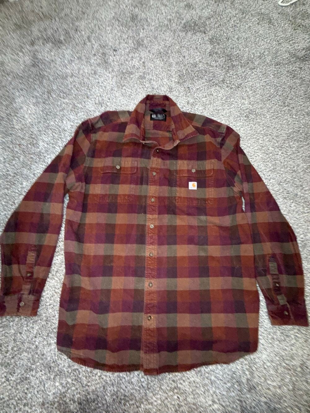 Carhartt Men’s XL Tall Loose Fit Plaid Flannel Button Up Shirt Burgundy Brown